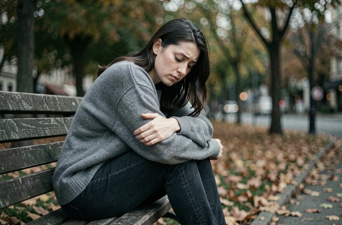 Femme seule sur un banc en parc urbain automnal, exprimant un état d'épuisement émotionnel lié aux impacts psychologiques d'une relation narcissique perverse