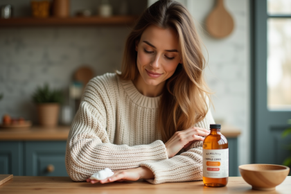 Femme appliquant du vinaigre de cidre sur son bras