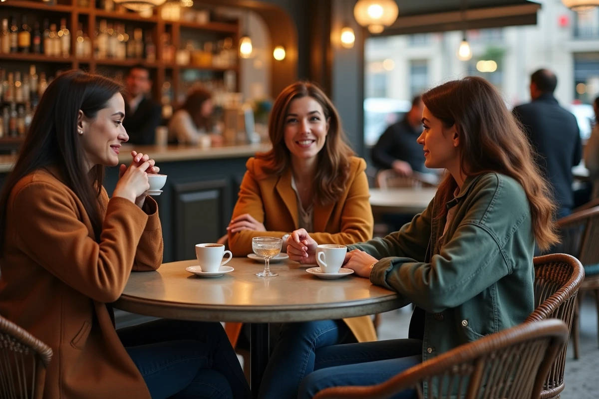 Trois femmes françaises discutant de leurs préférences dans un café brasserie parisien typique