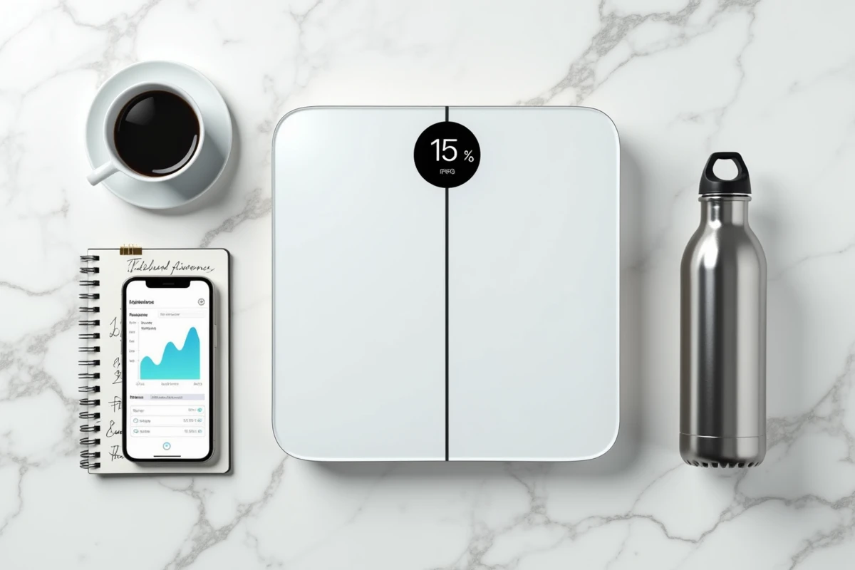 Flat-lay d'une balance impédancemètre connectée avec smartphone affichant des données de santé et carnet de suivi