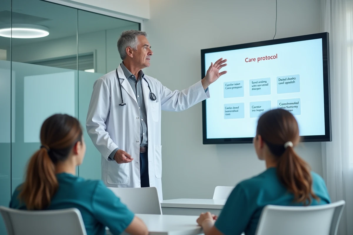 Formateur en soins présentant un protocole médical à une équipe soignante dans un centre de formation professionnelle