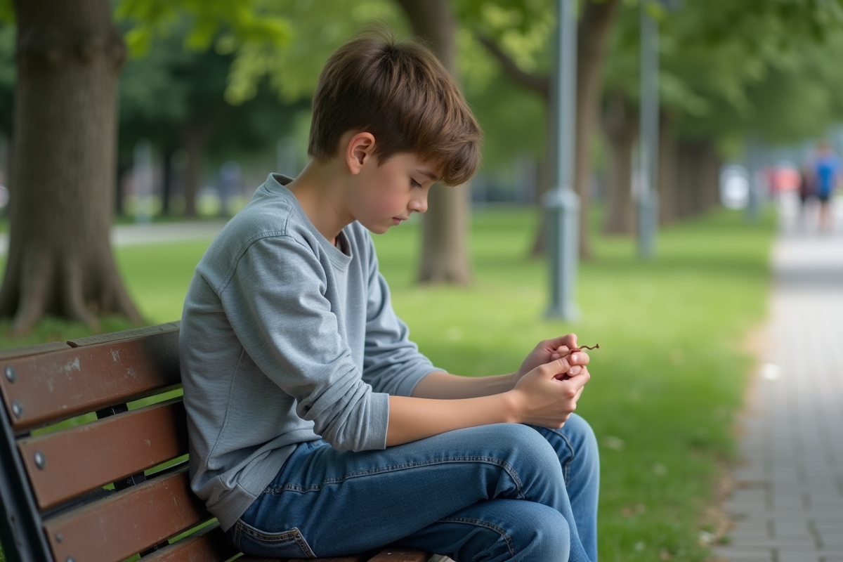 Adolescent assis sur un banc regardant une cicatrice
