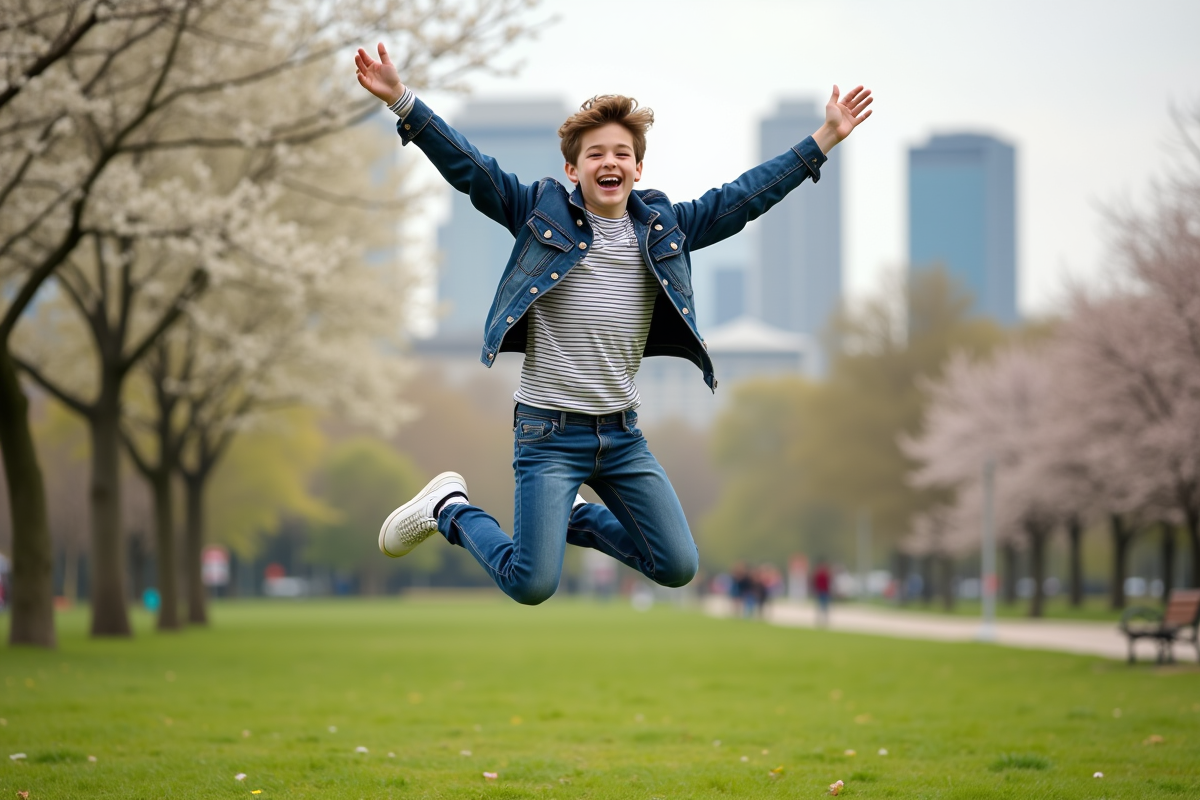 Jeune garçon sautant dans un parc urbain ensoleille