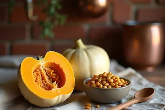 Graines de potimarron fraîches extraites d'une courge coupée en deux sur une table en bois rustique, dans un cadre de cuisine campagnarde