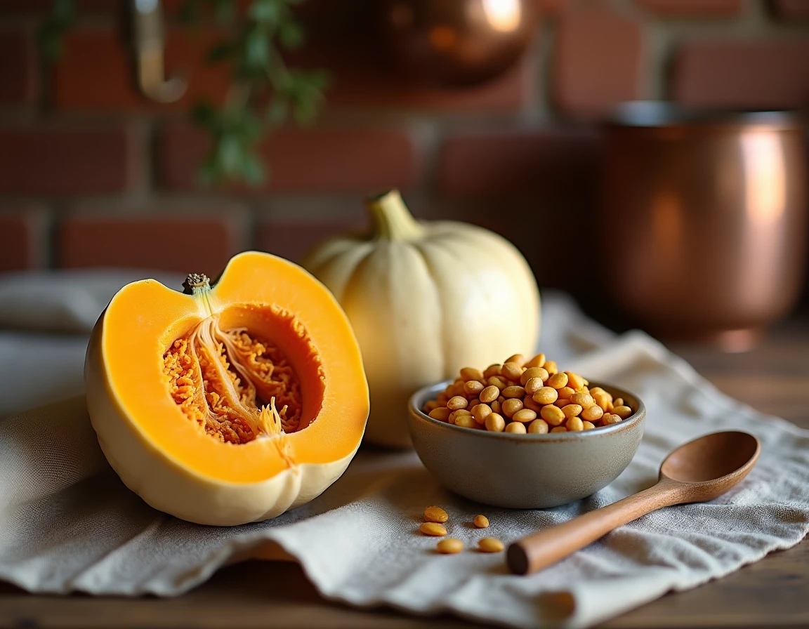 Graines de potimarron fraîches extraites d'une courge coupée en deux sur une table en bois rustique, dans un cadre de cuisine campagnarde