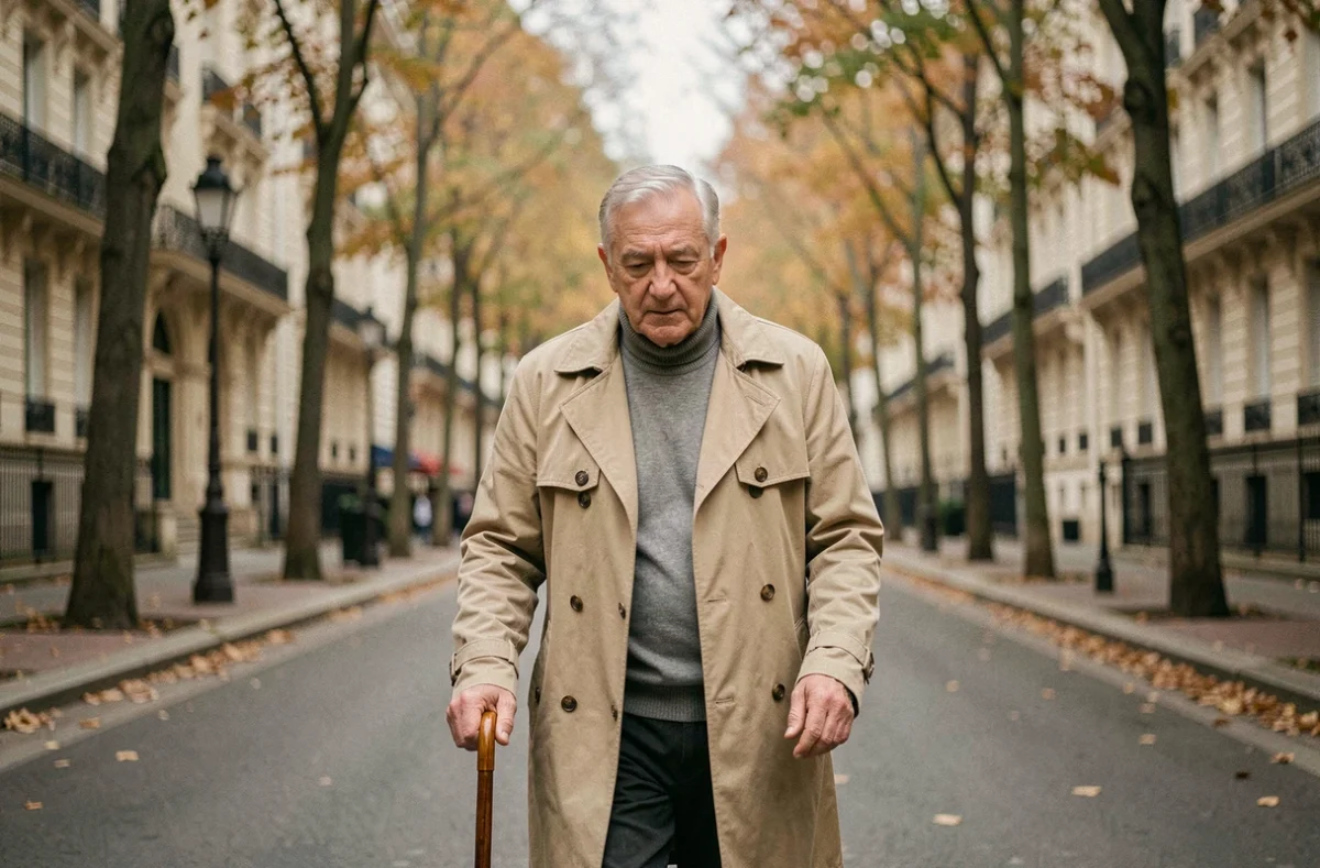 Homme âgé marchant avec une canne dans une avenue parisienne en automne, allure digne et fatiguée