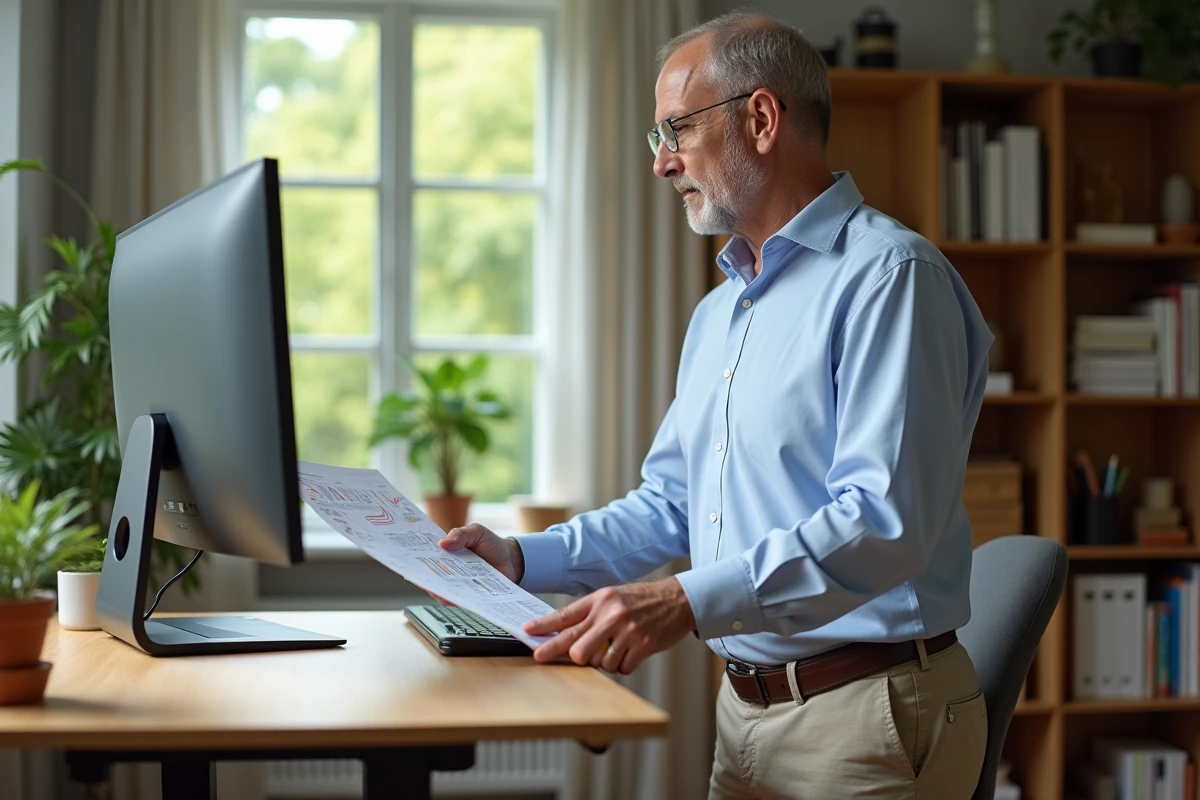 Homme au bureau à domicile utilisant un bureau ajustable