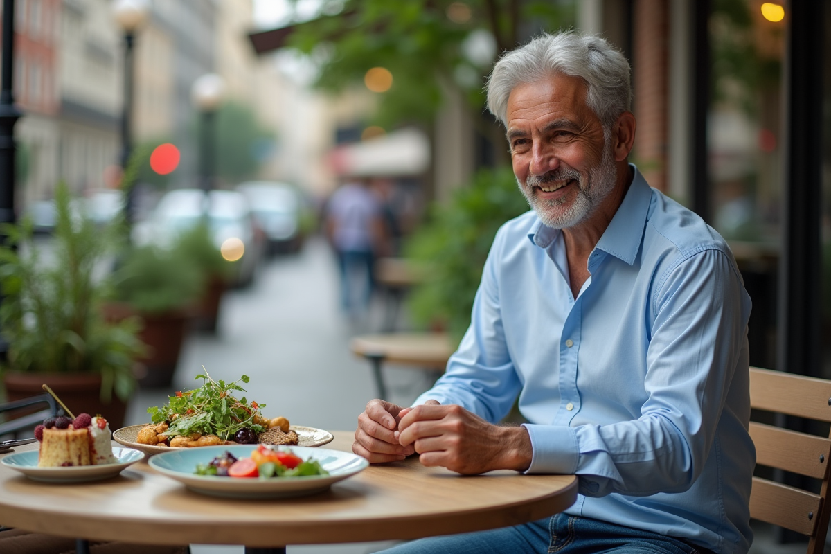 Homme au cafe choisissant une salade saine