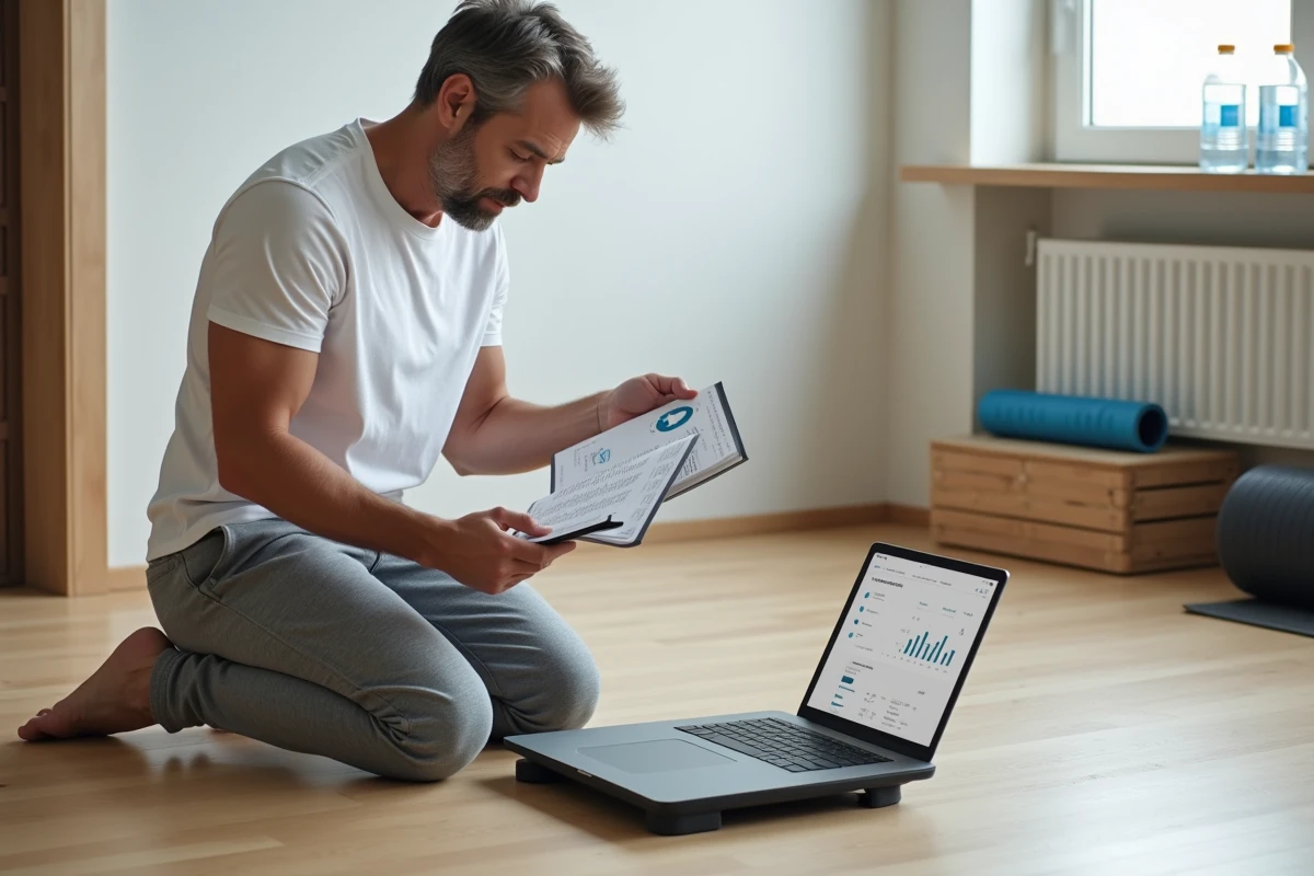 Homme comparant des balances impédancemètres avec manuel et ordinateur portable dans une salle de sport à domicile