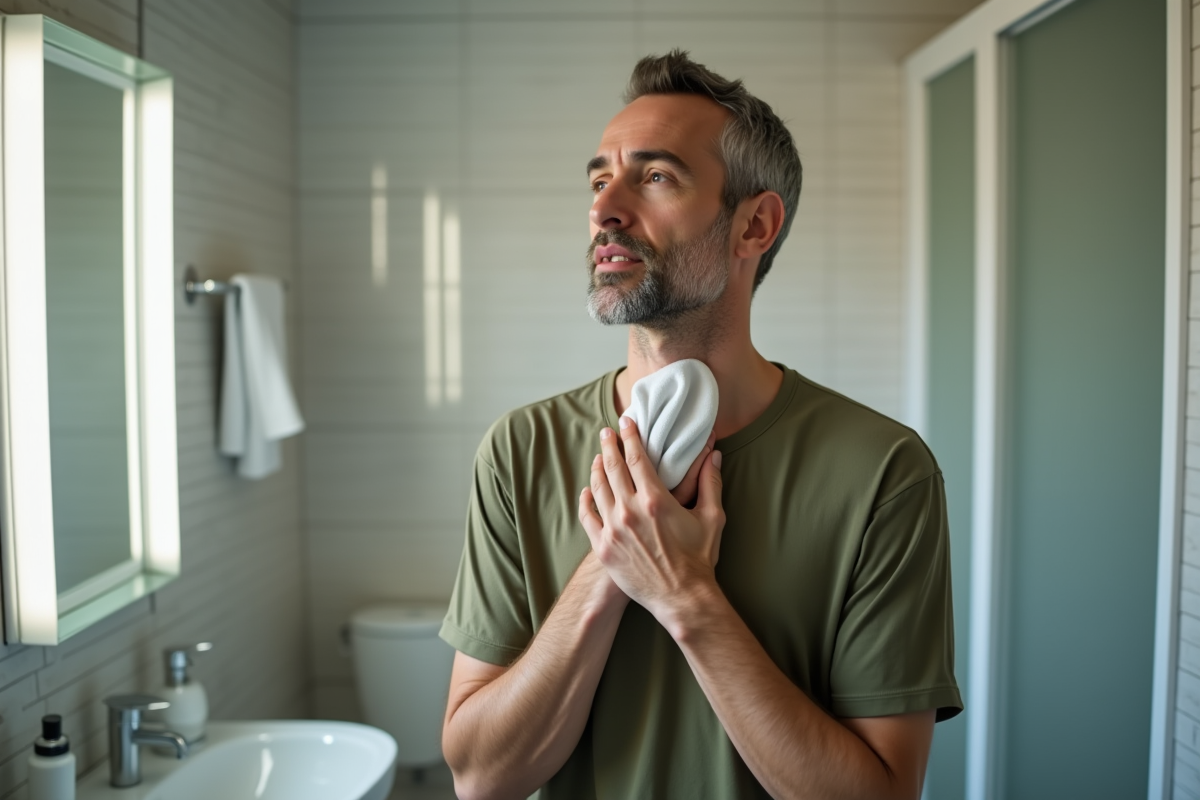 Homme pressant un compress sur son cou dans la salle de bain