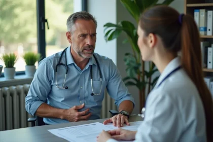 Homme d'âge moyen en consultation médicale avec une docteure
