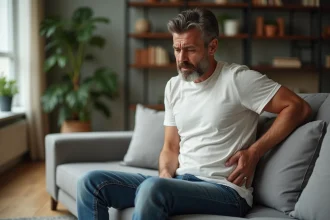 Homme d'âge moyen assis sur un canapé dans un salon cosy