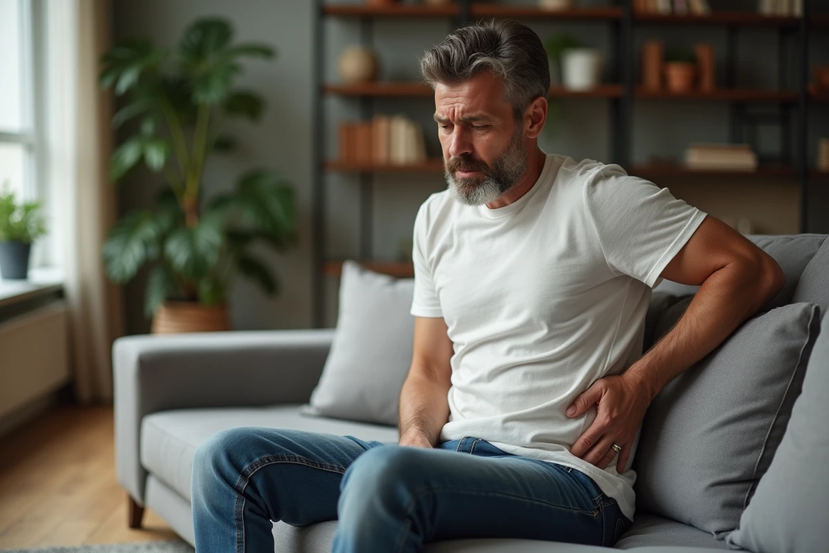 Homme d'âge moyen assis sur un canapé dans un salon cosy