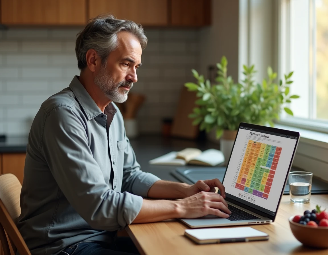 Homme consultant un tableau d'index glycémique des aliments sur ordinateur portable dans une cuisine moderne