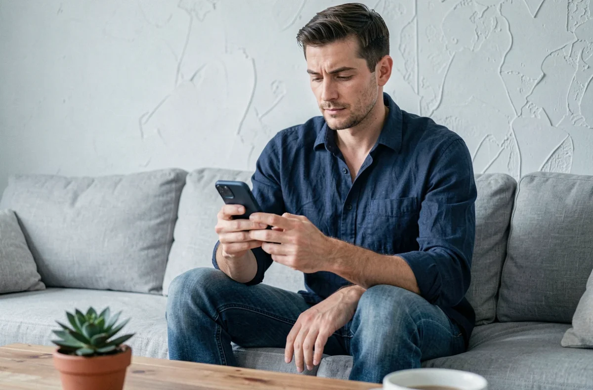 Homme consultant sereinement des informations de santé fiables sur son smartphone dans un salon moderne
