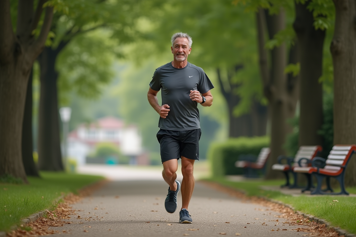 Homme courant dans un parc verdoyant avec arbres et sentier