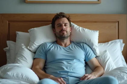 Homme d'âge moyen assis confortablement dans son lit