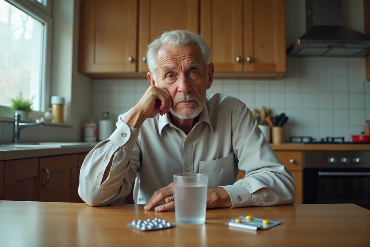 Homme âgé avec médicaments sur la table de cuisine