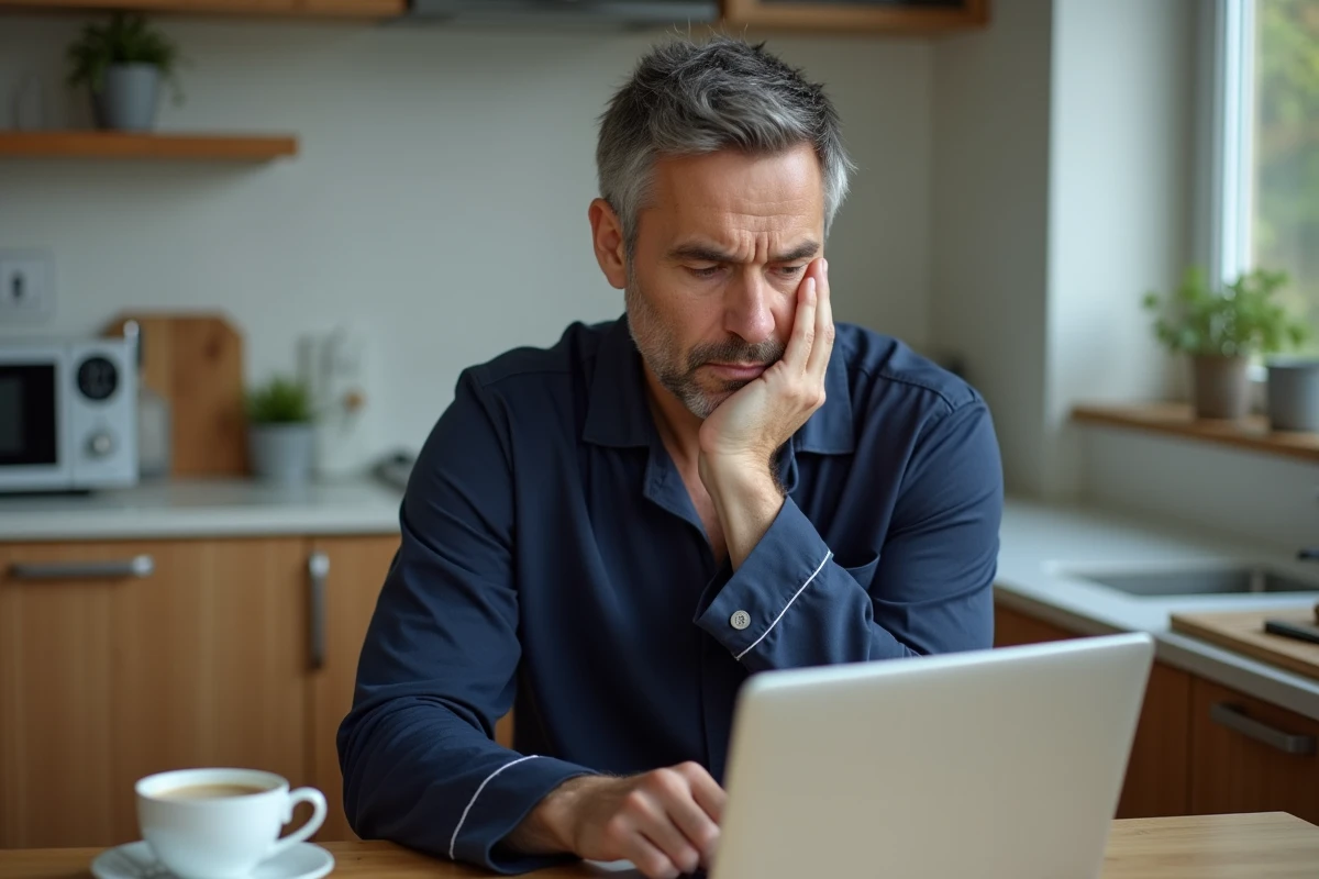 Homme fatigué le matin à la cuisine consultant un calculateur de durée de sommeil sur son ordinateur portable pour remédier à ses insomnies