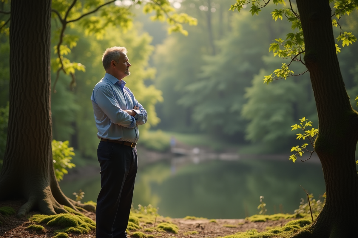 Homme méditant dans une forêt calme et verdoyante