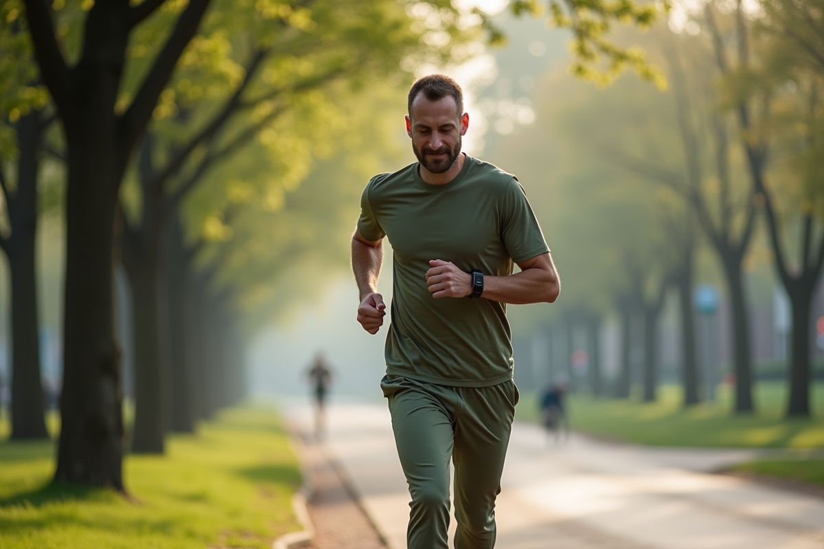 Homme courant dans un parc au matin avec brume et ville en arrière-plan