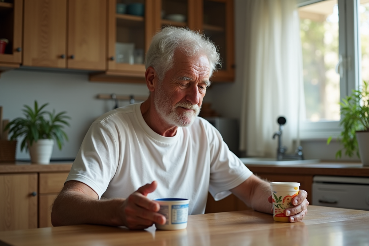 Homme âgé lisant les valeurs nutritionnelles d