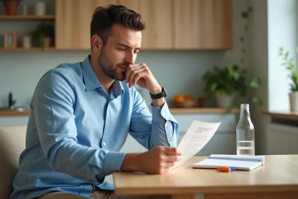 Homme pensif lisant un pamphlet santé dans une cuisine moderne