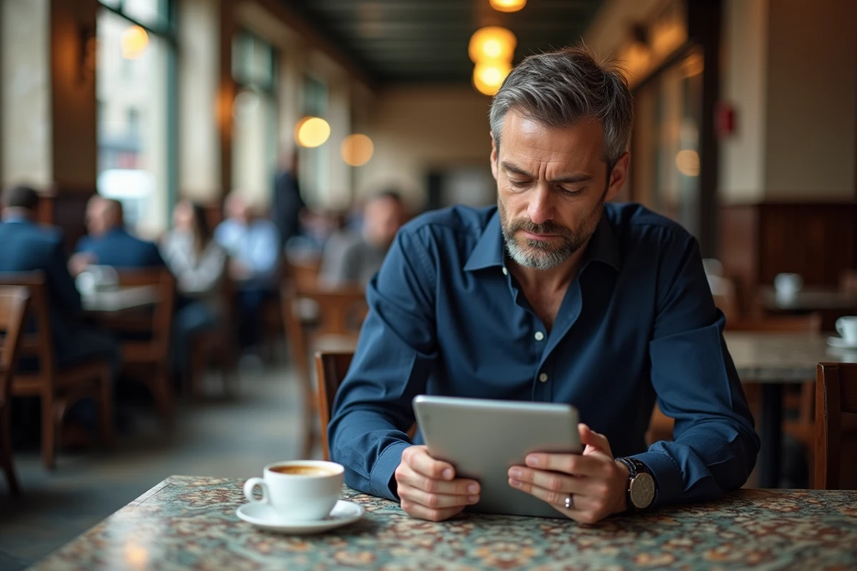 Homme lisant des articles de blog sur une tablette dans un café parisien pour profiter du magazine en ligne