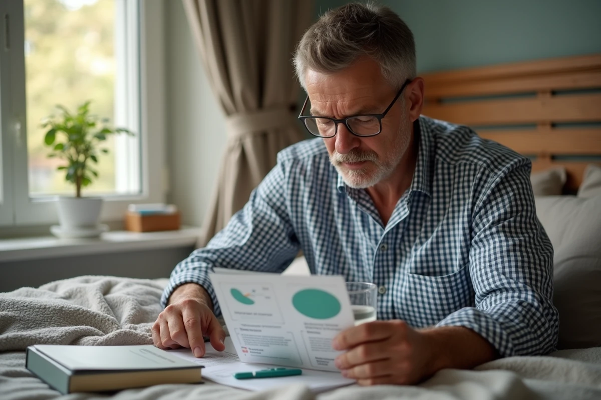 Homme dans la chambre avec eau et leaflet santé