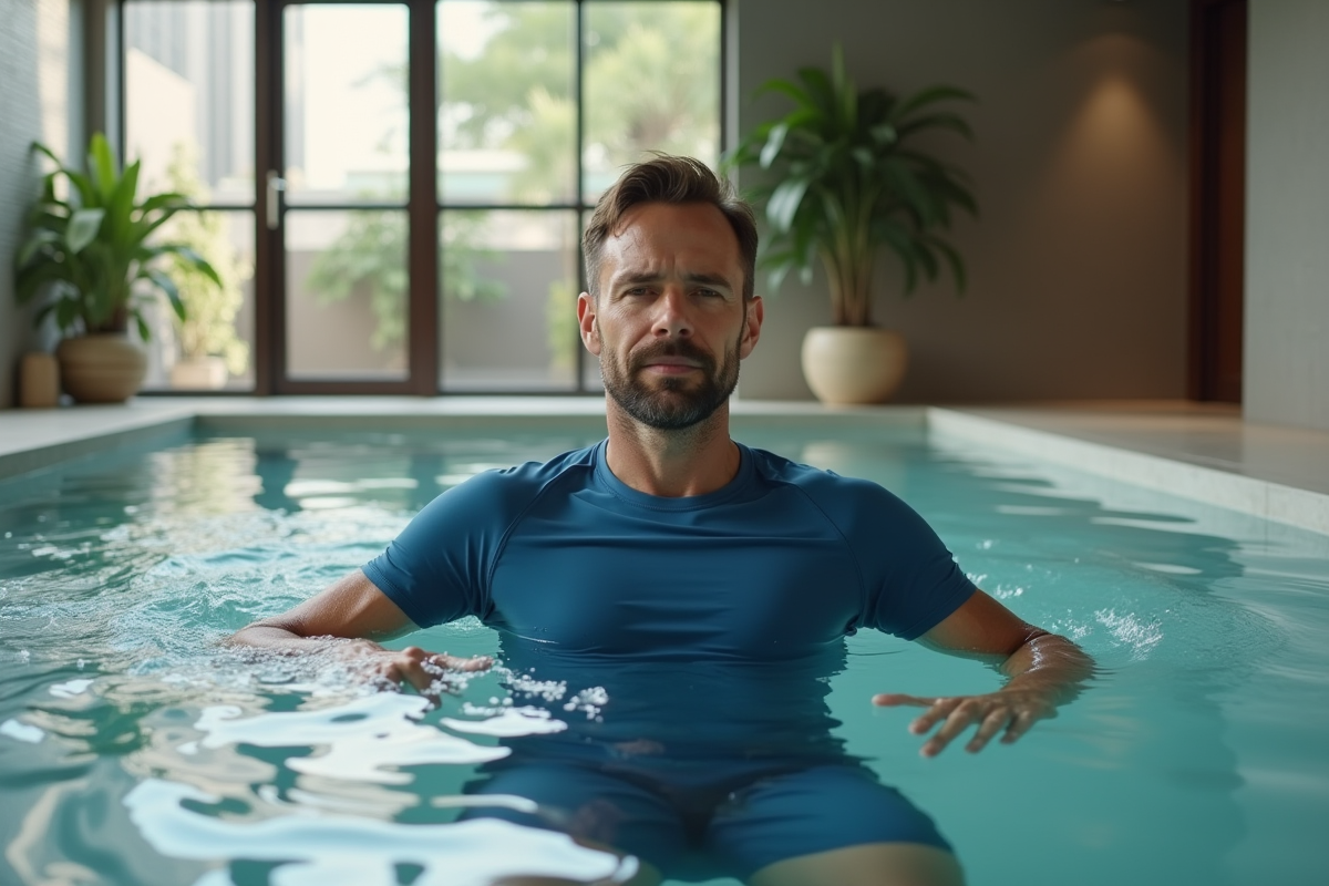 Homme méditant dans spa intérieur avec vue urbaine