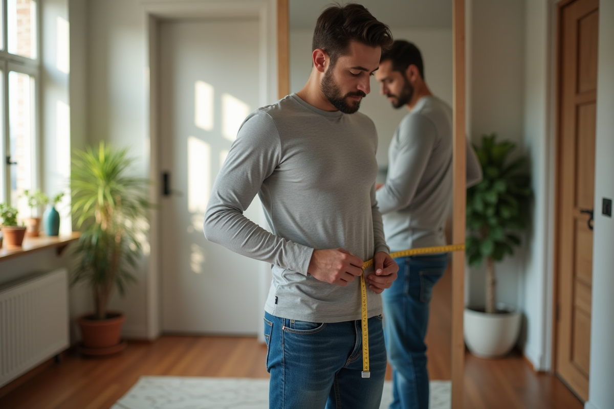 Homme mesurant sa taille dans une chambre ensoleillee