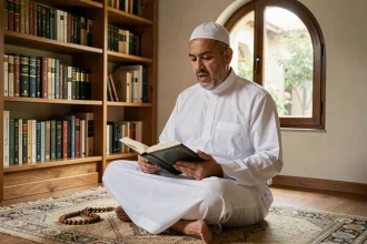 Homme musulman récitant des sourates de protection assis sur un tapis de prière avec un Coran ouvert dans une pièce calme et chaleureuse