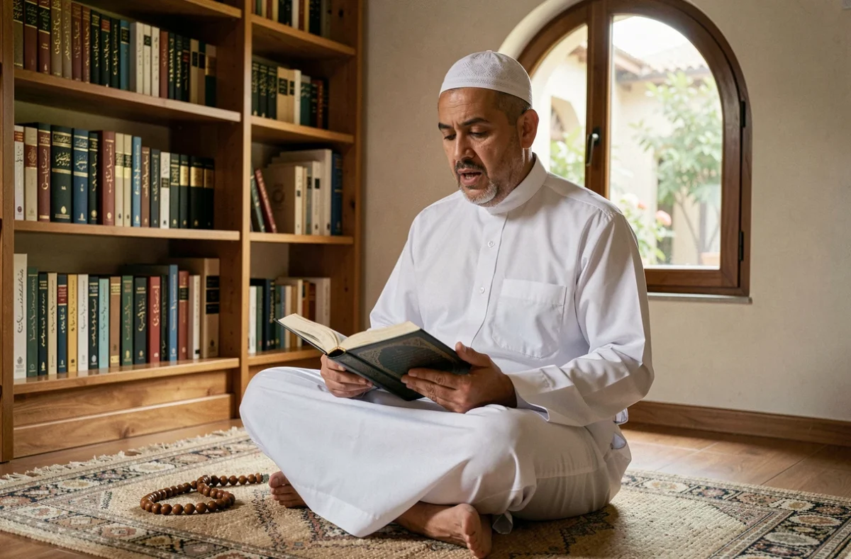 Homme musulman récitant des sourates de protection assis sur un tapis de prière avec un Coran ouvert dans une pièce calme et chaleureuse