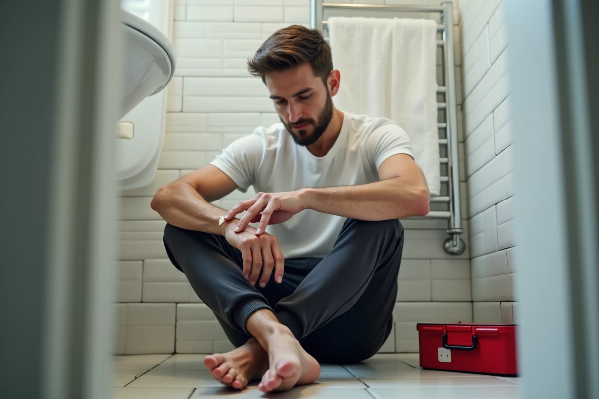 Homme appliquant un bandage protecteur sur un ongle traumatisé dans une salle de bain