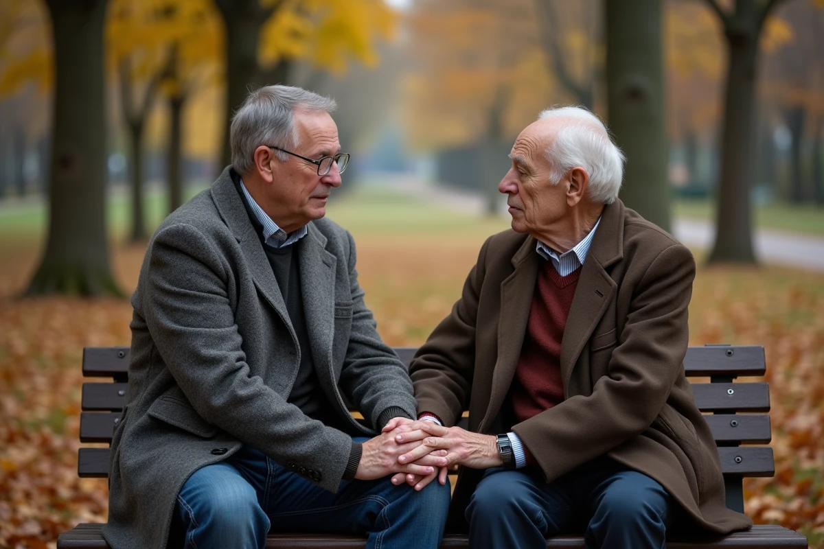 Homme et père âgé sur un banc en automne