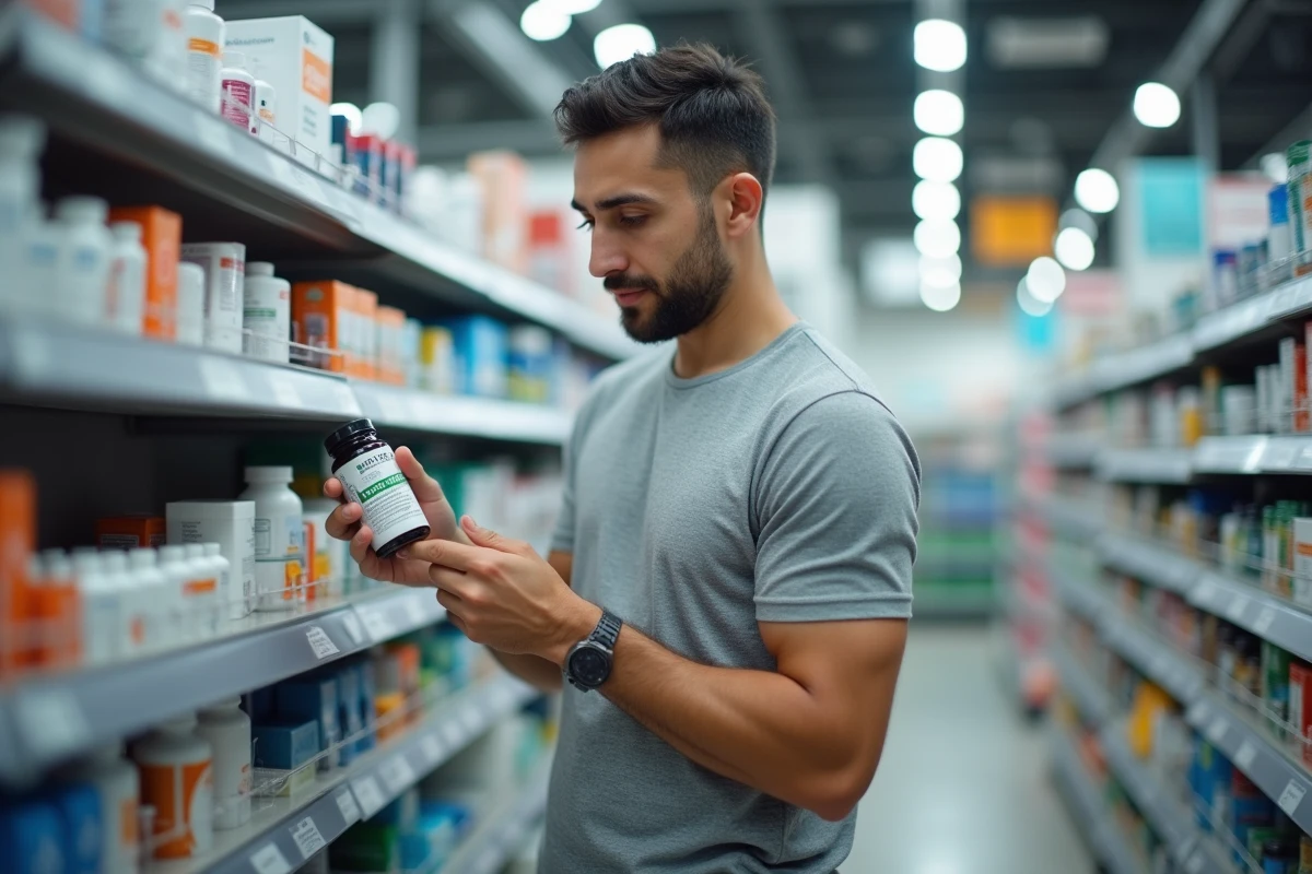 Homme lisant l'étiquette d'un complément probiotique en pharmacie pour traiter les symptômes de l'intestin irritable