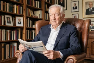 Portrait d'un homme politique français âgé assis dans un bureau parisien, l'air pensif et fatigué