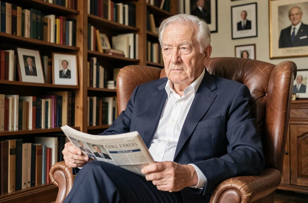 Portrait d'un homme politique français âgé assis dans un bureau parisien, l'air pensif et fatigué
