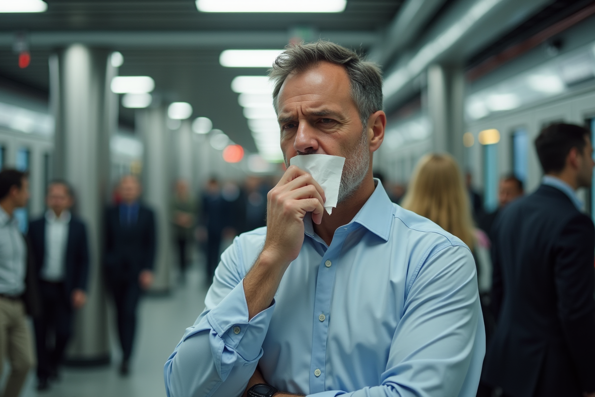 Homme en costume utilisant un mouchoir dans une station de métro