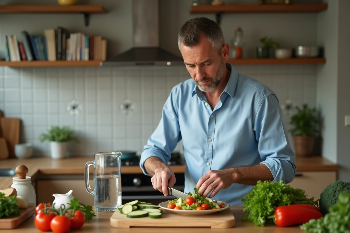 Homme préparant une salade colorée dans sa cuisine chaleureuse