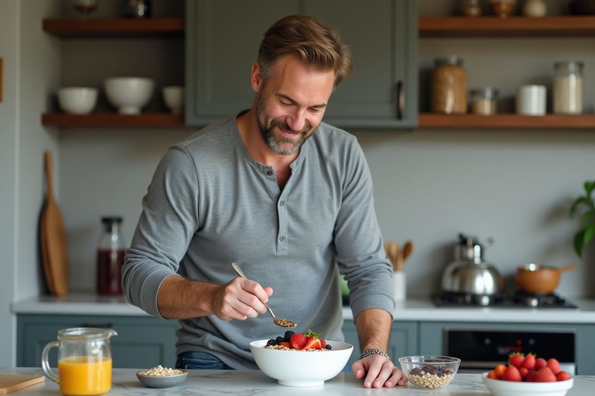 Homme préparant un bol de porridge aux fruits dans la cuisine