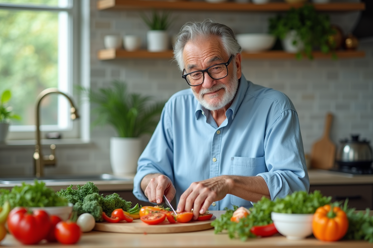 Homme âgé préparant une salade dans une cuisine moderne