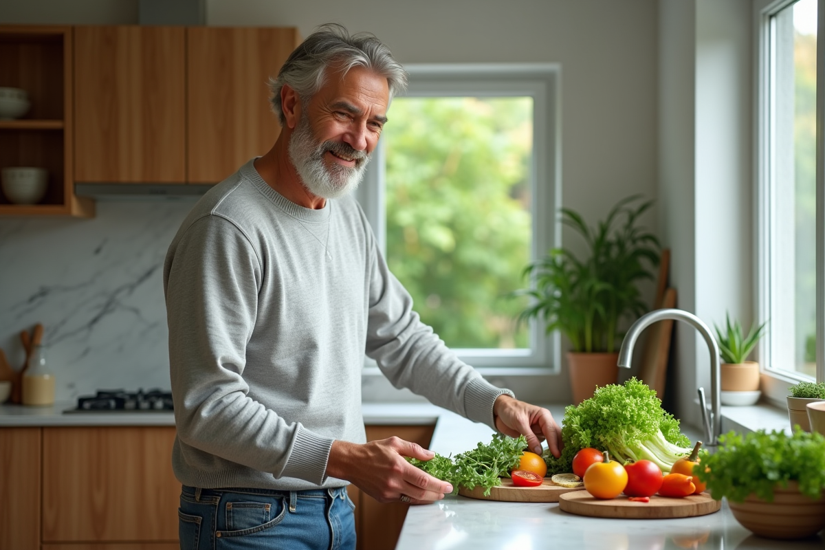 Homme en pull et jeans prépare une salade dans une cuisine moderne