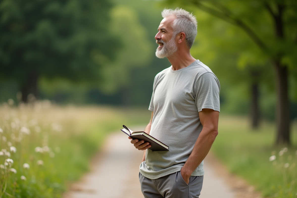 Homme réfléchissant dans un parc verdoyant