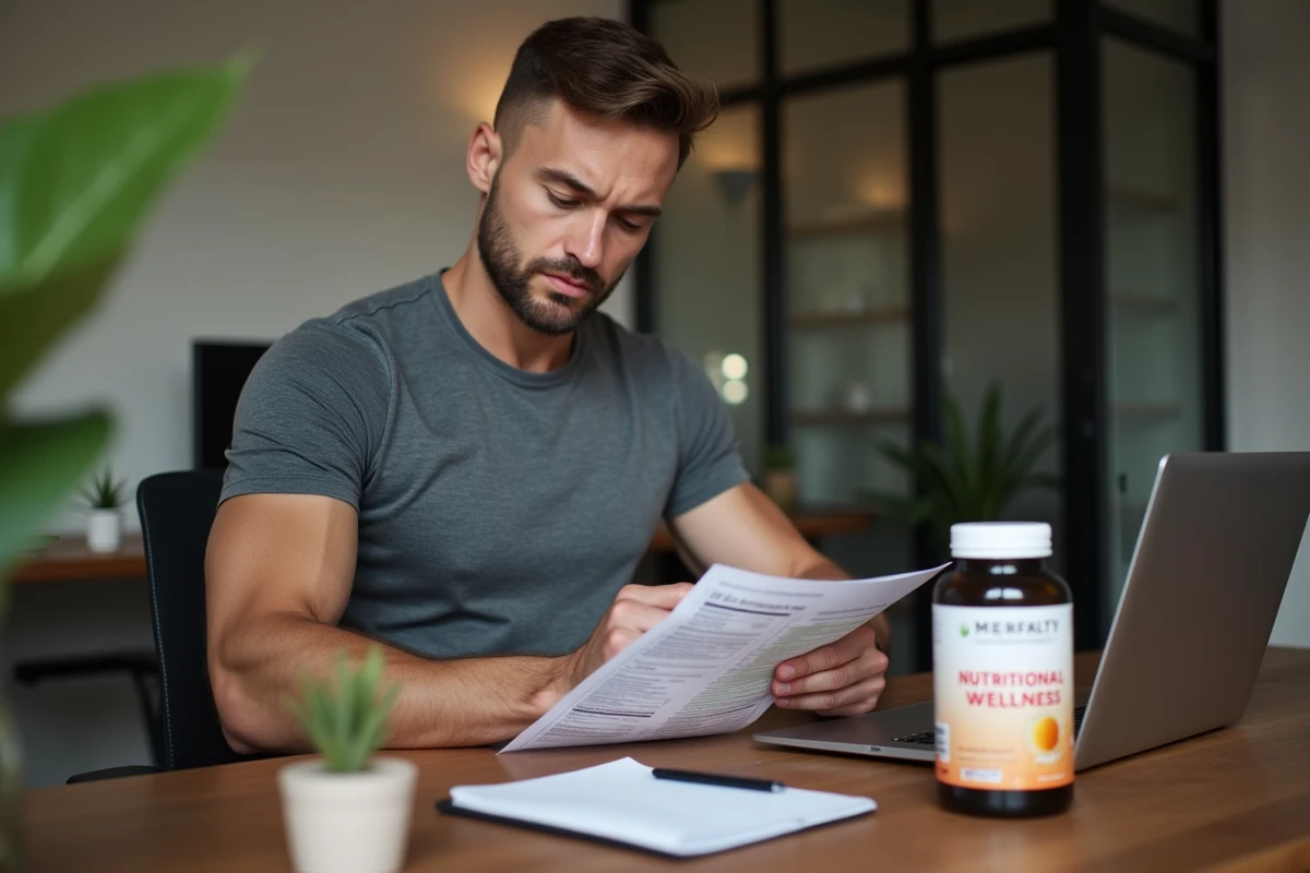 Homme consultant une fiche d'informations nutritionnelles sur un complément minceur à son bureau avec une bouteille de supplément