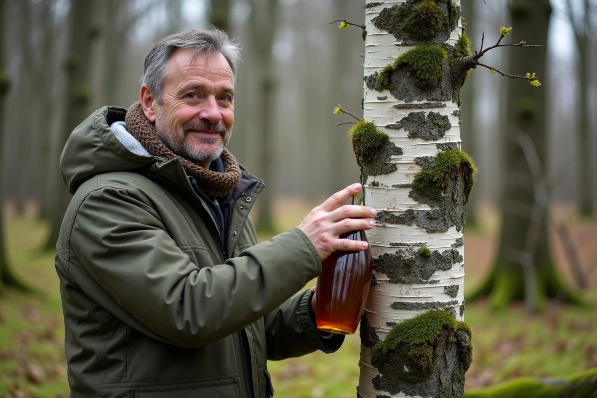 Homme récoltant du sap de bouleau dans la forêt au printemps