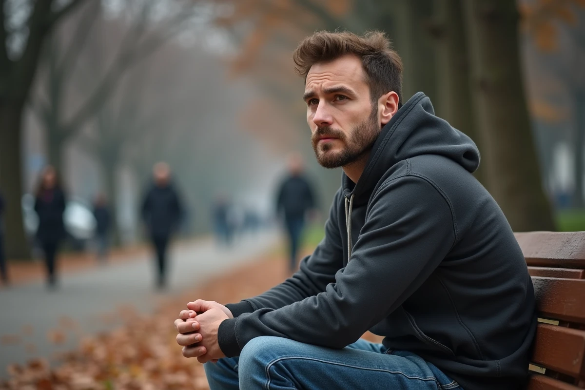 Un homme adulte seul sur un banc de parc en automne avec une expression pensive et mélancolique, illustrant l'introspection et le manque de maturité émotionnelle liés au syndrome de Peter Pan