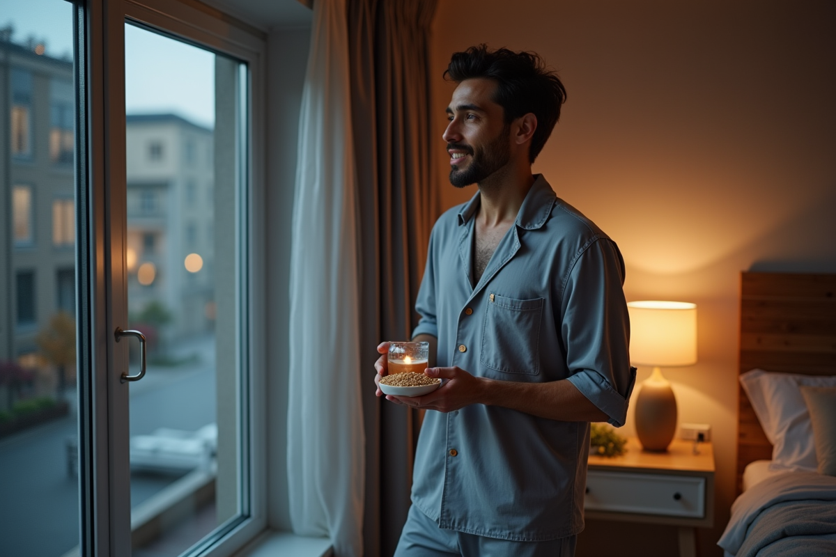 Homme pensif tenant des graines de lin dans la chambre au soir