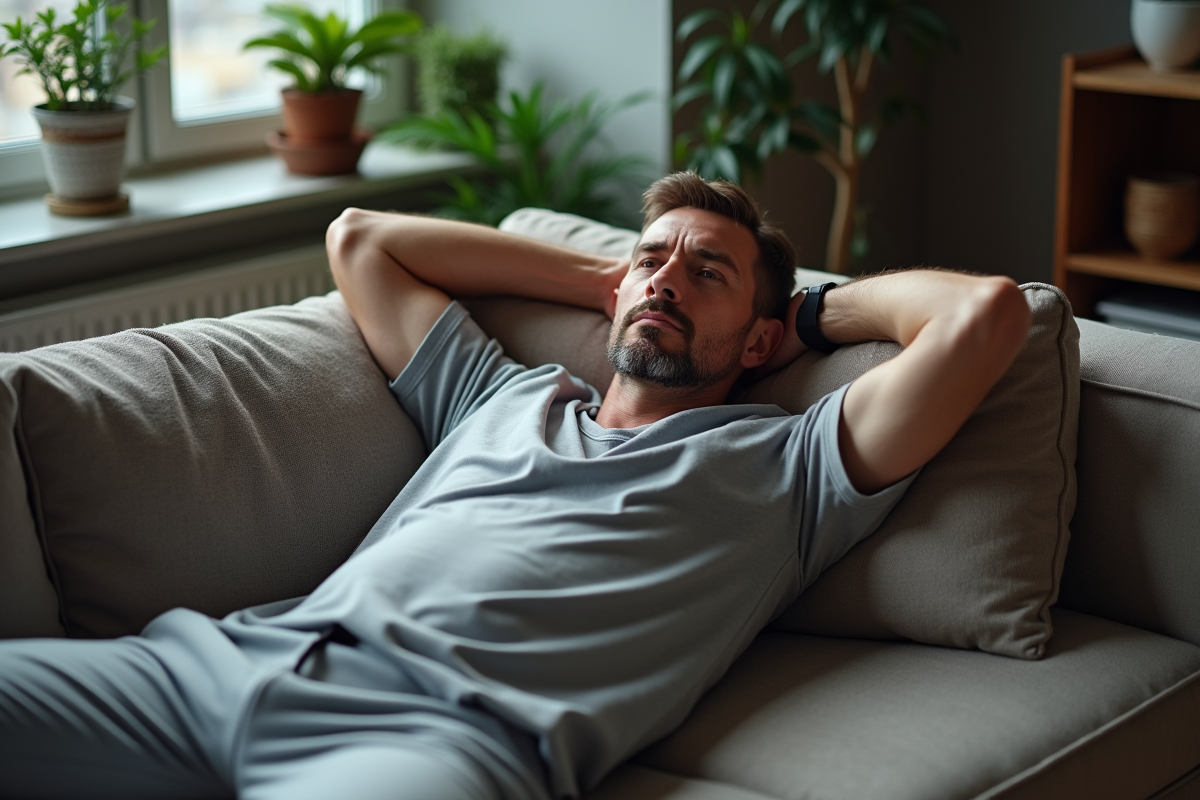 Homme allongé sur le canapé dans un appartement urbain
