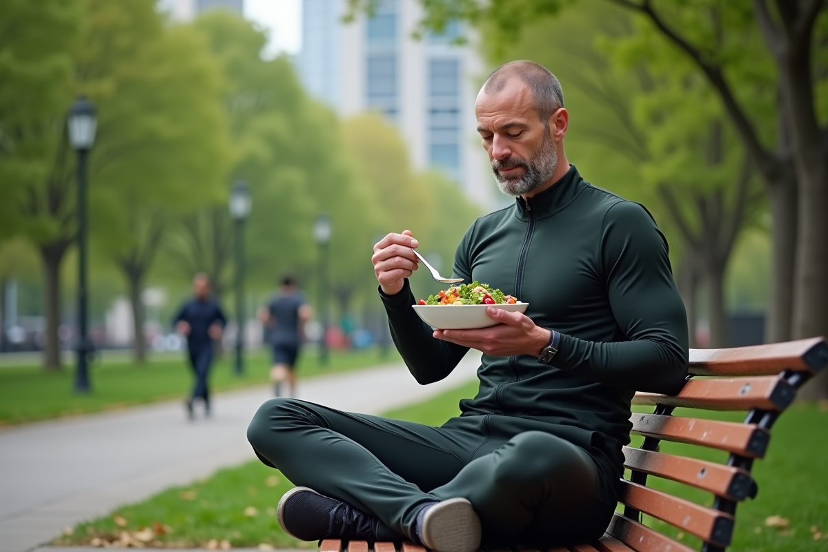 Homme mangeant une salade vegan dans un parc urbain